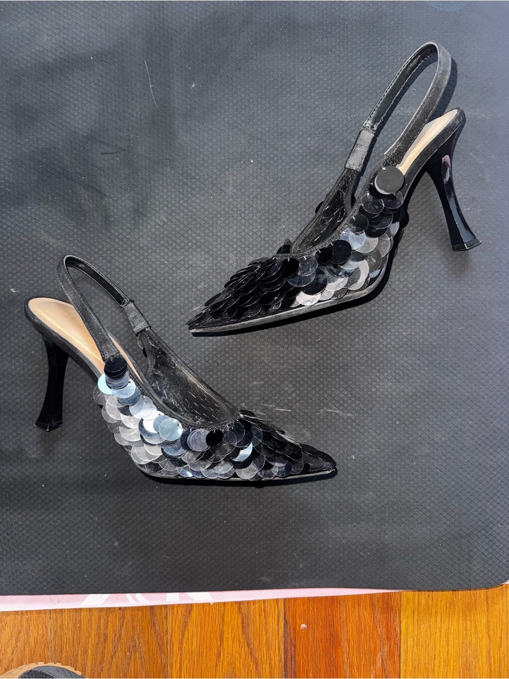 INC International Concepts Black Sequin Slingback Pointed-Toe Heels